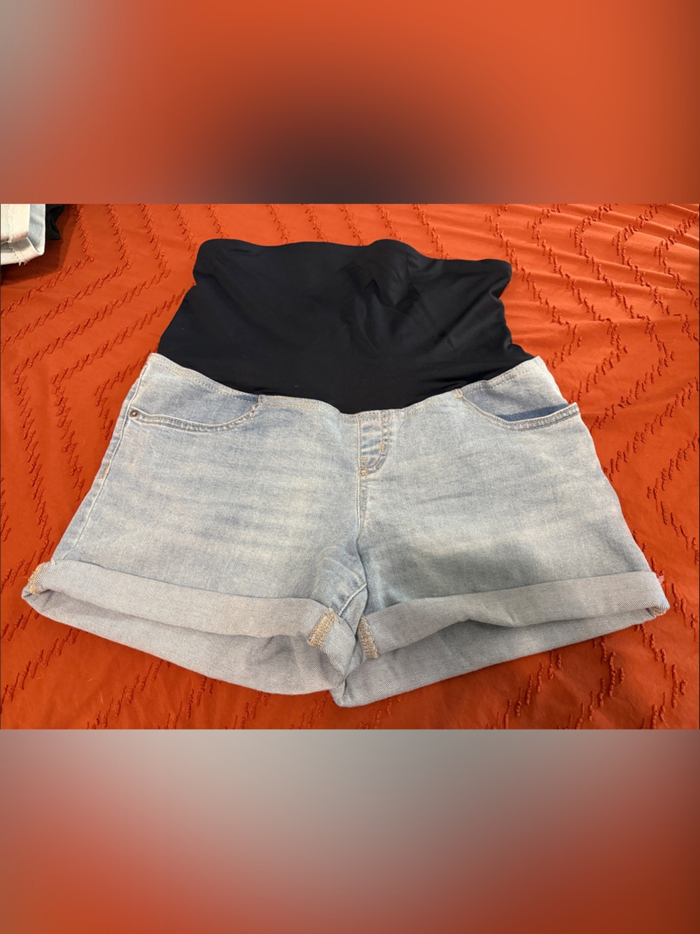 Light Wash Denim Maternity Shorts with Black Stretch Waistband